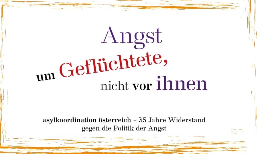 Schlagzeile in blauer und roter Schrift: Angst um Geflüchtete, nicht vor Ihnen.