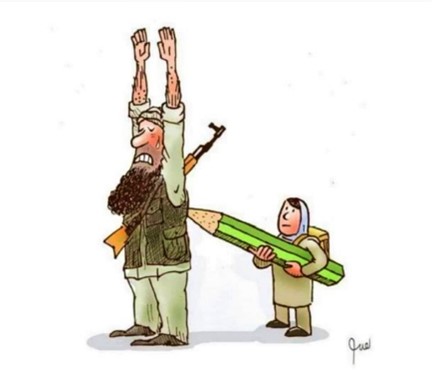 Cartoon: Ein kleines Mädchen hält einem Taliban von hinten einen großen Bleistift in den Rücken. Cartoon: Ein kleines Mädchen hält einem Taliban von hinten einen großen Bleistift in den Rücken.